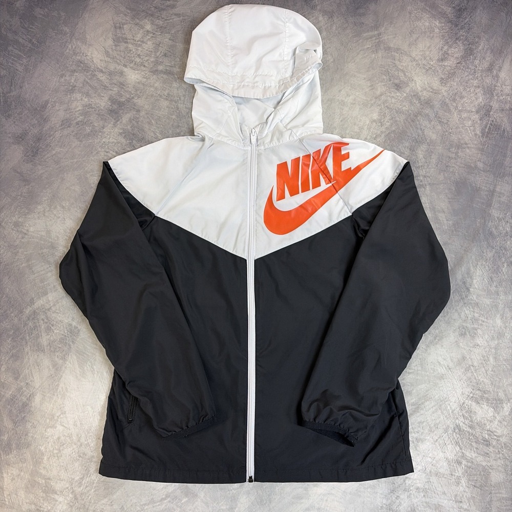 Nike Windbreaker Jacket Youth Unisex XL Black White Orange Packable Windrunner